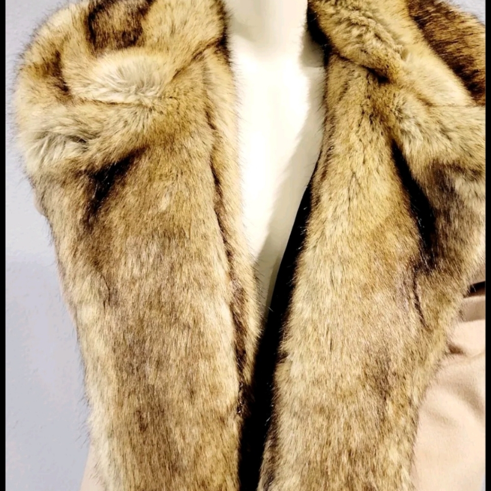 VINTAGE 70s Big Faux Collar Wool Coat Beige Tan BLACK LABEL SIZE L - Picture 5 of 13